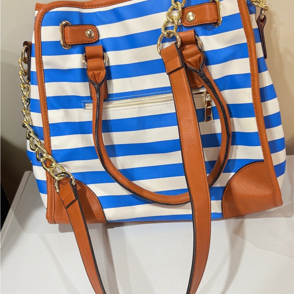 Michael kors inspired? Striped Blue and White Tote Bag with Tan Trim